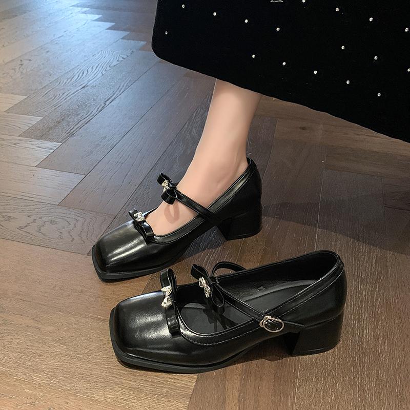 

Fashion Bow Crystal Women High Heels Sandals Jane Shoes Square Toe Chunky Leather Shoes Summer 2025 Brand Luxury Dress Pumps Mujer 34 чёрный