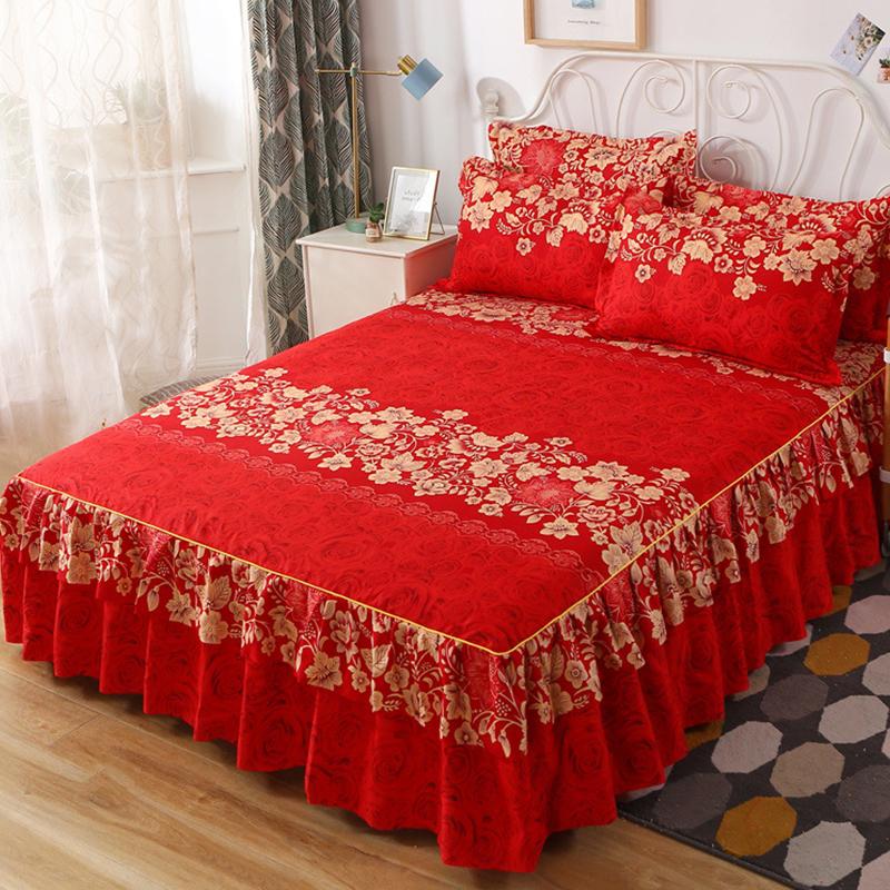 3PC Printed Bed Skirt Set 1Bed Skirt+2Pillowcases Floral Lace Bed Skirt Breathable Soft Bed Cover Bedding Set 360 ° Anti Slip Mattress Protector Cover