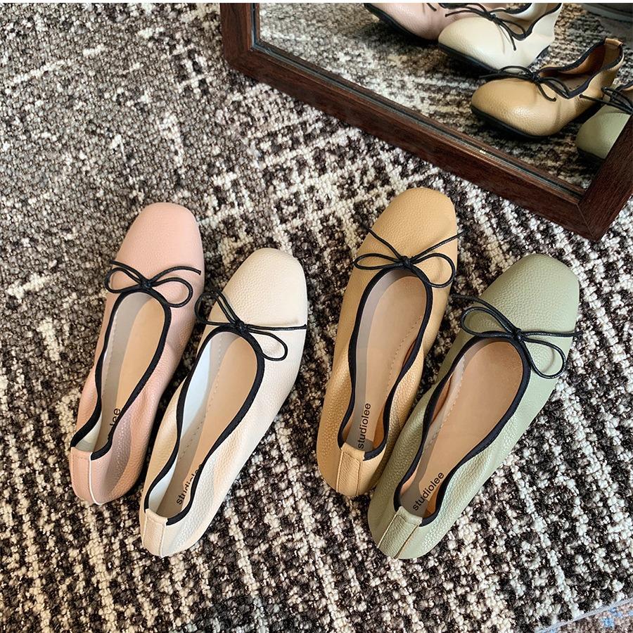 Advanced Sheepskin Version~ Grape Mother Same Gentle Bow Square Head Shallow Mouth Flat Bottom Soft Sole Ballet Single Shoe Women