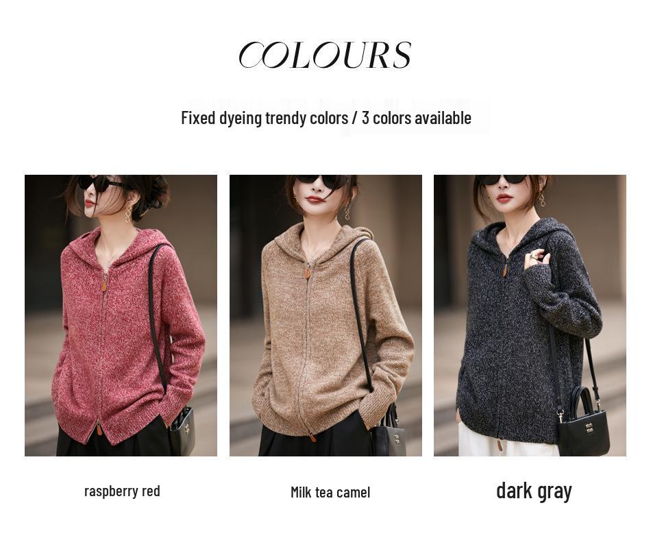 Autumn/Winter Women's 100% Pure Wool Hooded Cardigan Coat with Double Zipper and Long Sleeves.