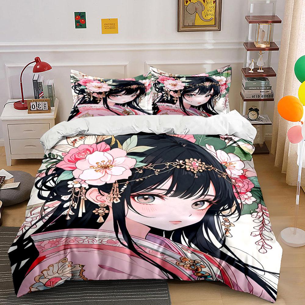 Elegant ancient-style girl with floral ornaments Print Bedding Set 1Duvet Cover 2Pillowcases for Adult and Children Luxury Gift