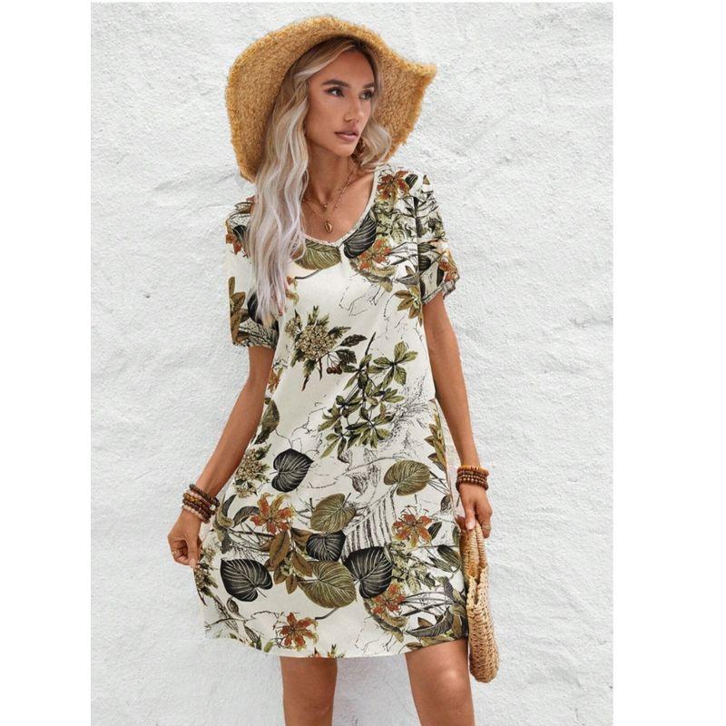 Small Fashion Summer V Neck Fashion Print Elegant Short Sleeve Dress Short Skirt Trendy Women's Dresses