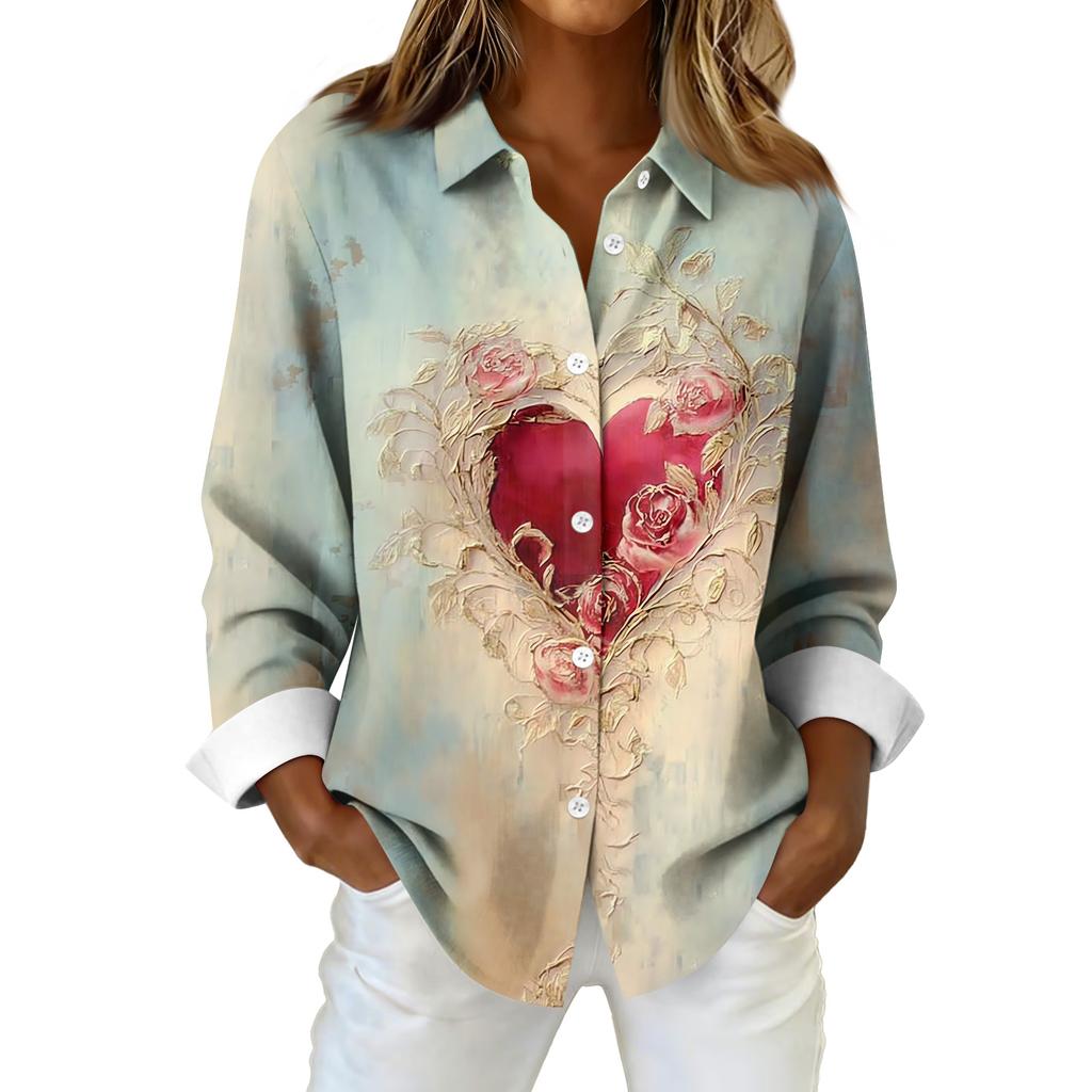 Kadın Gömlek Bluz Noel Baskılı Düğme Uzun Kollu Rahat Temel Gömlek Yaka Normal Üst