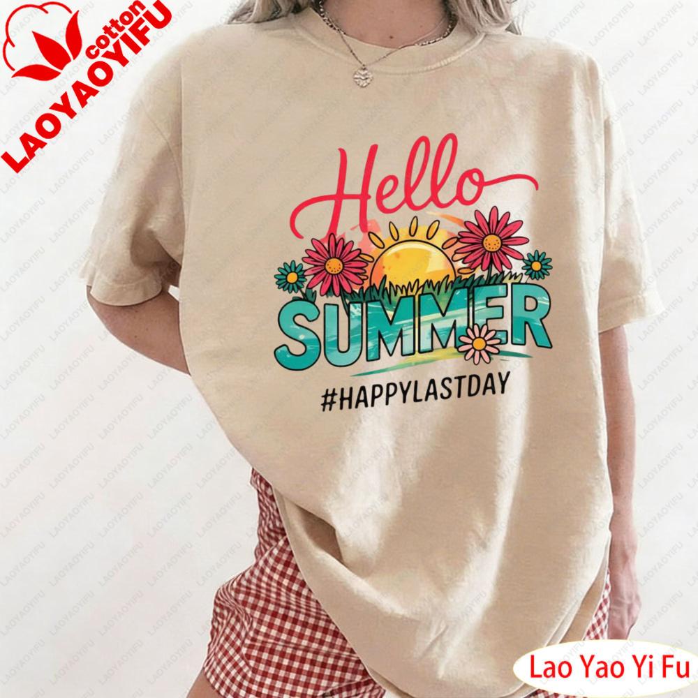 Hello Summer Happy Last Day of School Teacher Student TShirt Lifestyle Enthusiast Tops Colorful Flower Prints Clothes