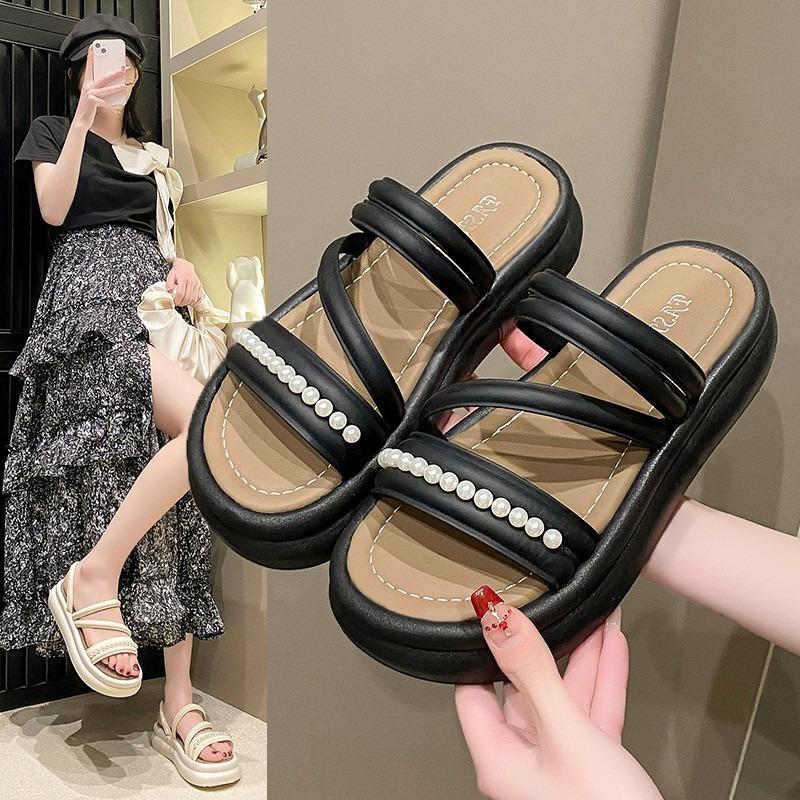 New Slippers Women's Summer Fashion Pearl Thick Bottom Two Wear Beach Cool Slippers Women