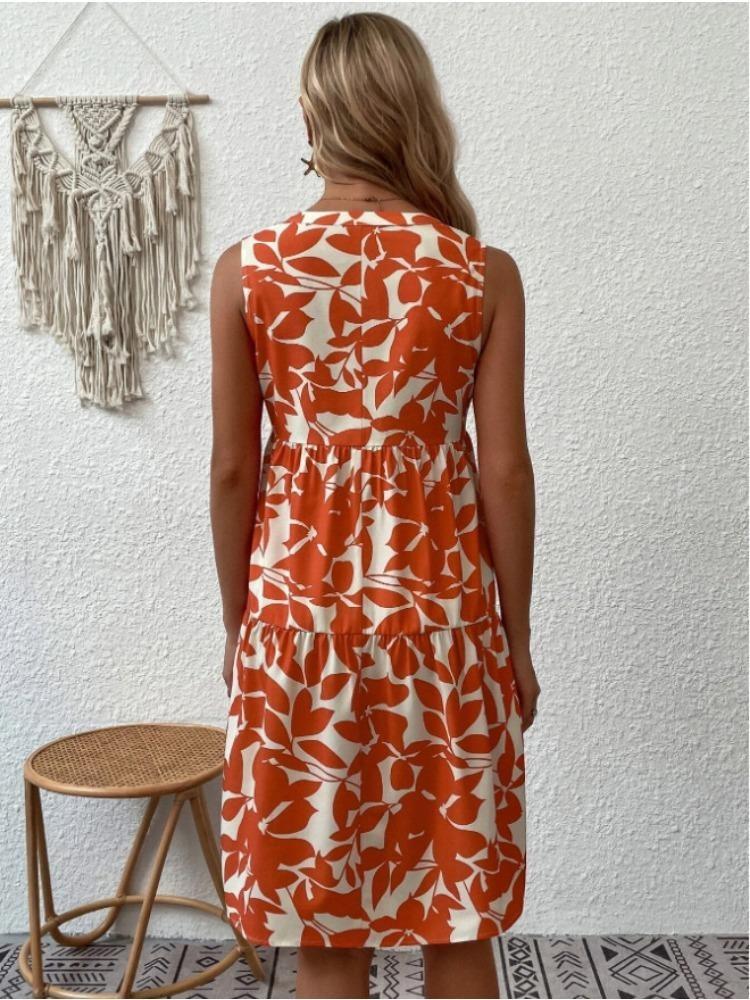 Sommermode Böhmisch Bedrucktes Plisseekleid Damen Locker V-Ausschnitt Lässig