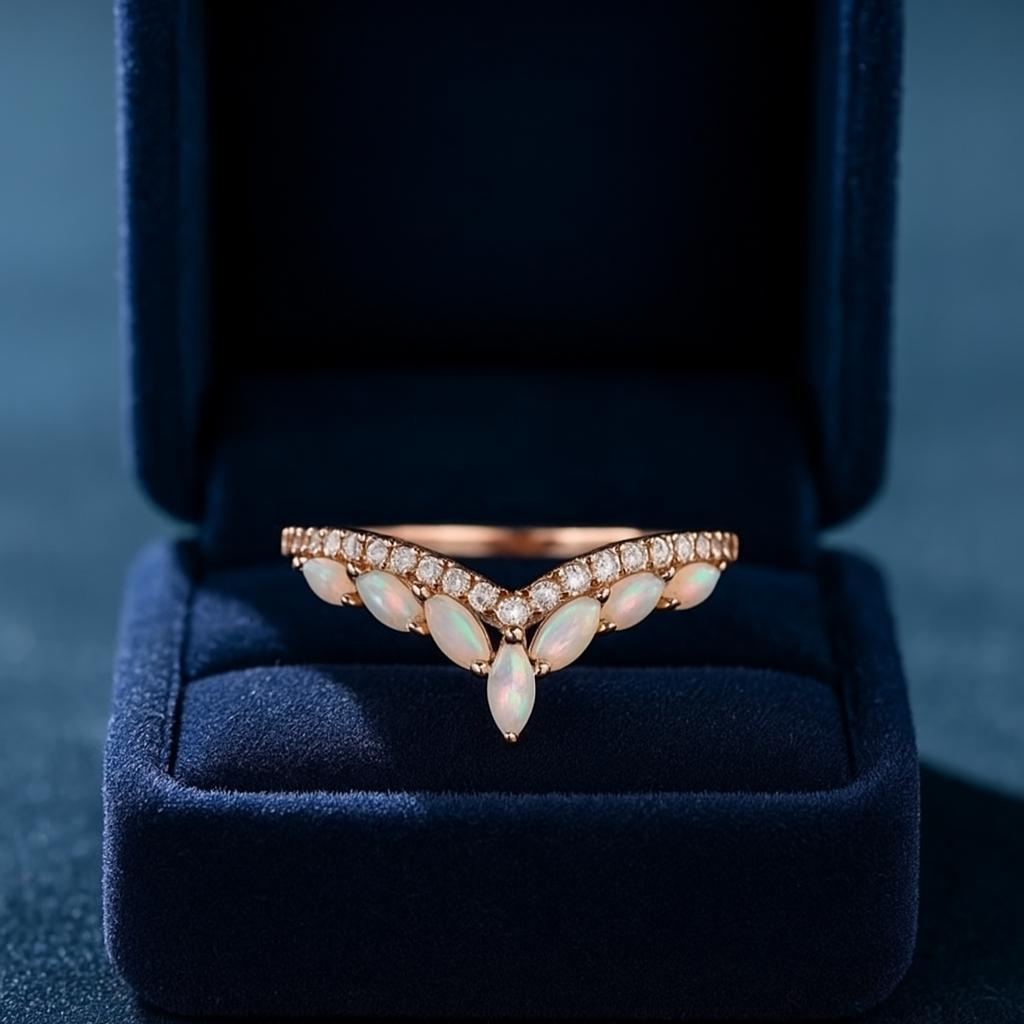 V Shape Opal Ring, Rose Gold Plated Silver Chevron Band, Marquise Cut Opal with CZ Stones, Women’s Wedding Stackable Ring
