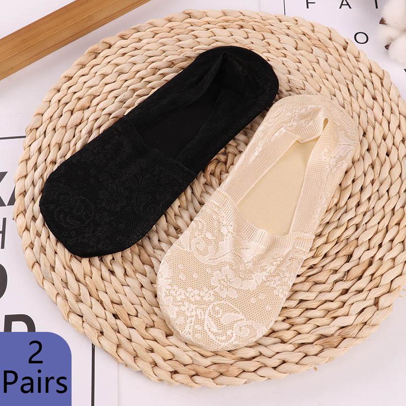 2 Pairs Women Girls Summer Socks Girl Lace Boat Socks Non-slip Silicone Cotton Sock Soft No Show Sock Slippers