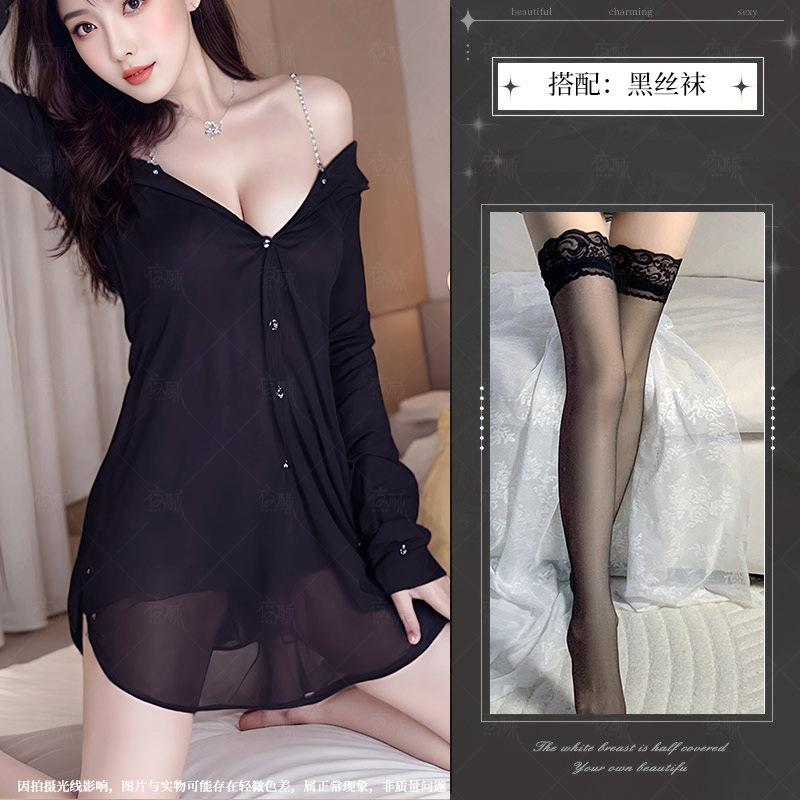 Sex underwear set sexy sweet wind chiffon white shirt uniform temptation nightdress perspective off the shoulder