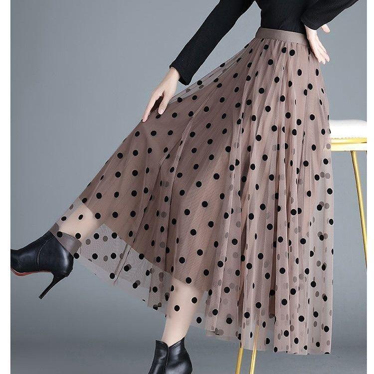 2025 Summer High Waist Polka Dot Floral Mesh Midi Skirt