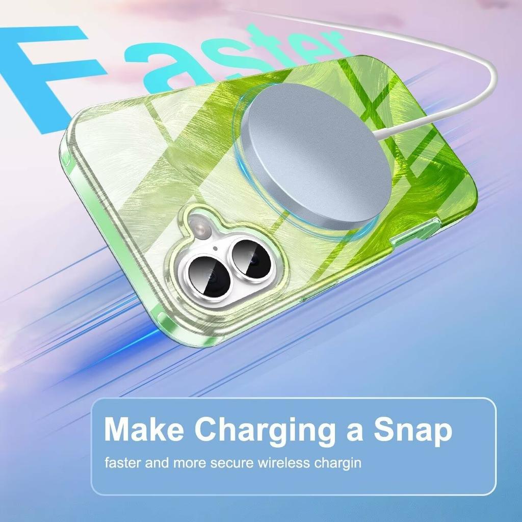 For iPhone 16 Plus Case Gradient Feather Pattern PC+TPU Phone Cover Built-In PET Screen Film