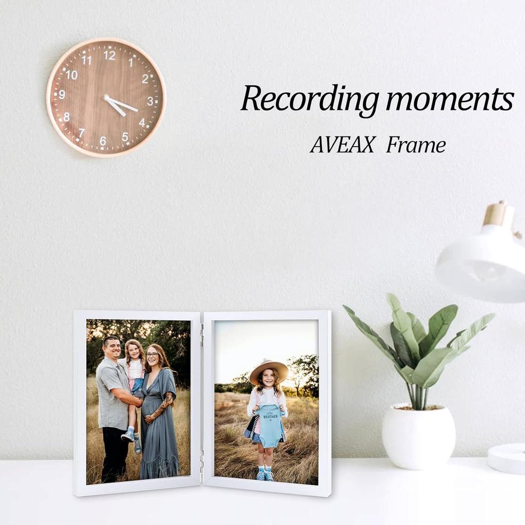 AVEAX Double 4x6 Picture Frame Hinged Folding Photo Frame with Plexiglass Front Vertical Frame on Desktop, White