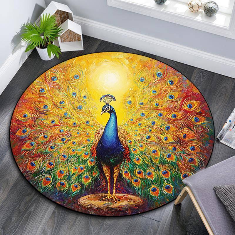 Peacock Round Area Rug,Carpet Rug for Living Room Bedroom Sofa Playroom Decor,Non-slip Floor Mat