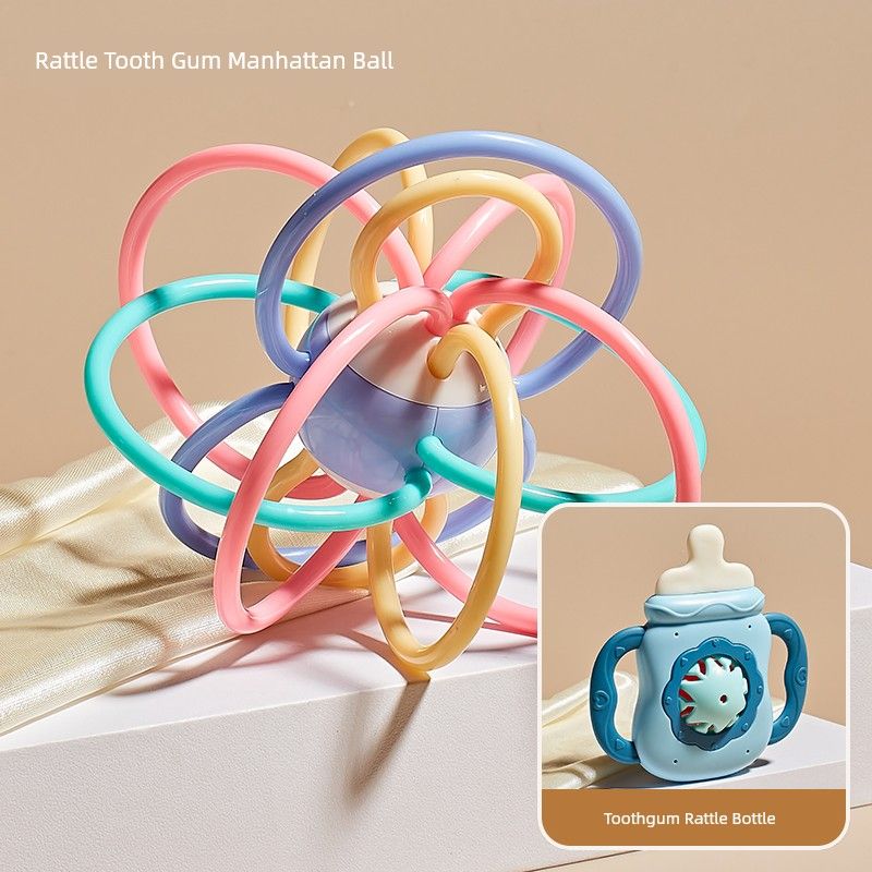 

Baby Manhattan Hand Ball Baby Teether Rattle Grip Training Early Childhood Education 3-6 Months Toys 0-1 Years Old Manhattan ball + tooth gum rattle bottle [blue]]