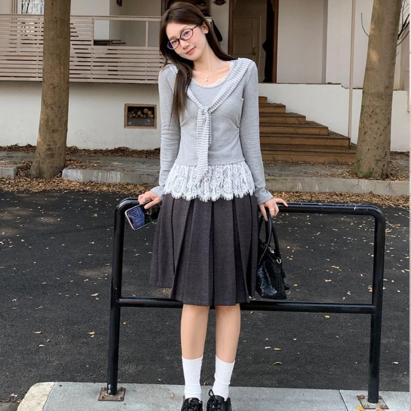 Johnature Korean Striped Shawl Faux Two-piece Long-sleeve T-shirt For Women Autumn Navy Collar Lace Fitted Top Render T-shirts