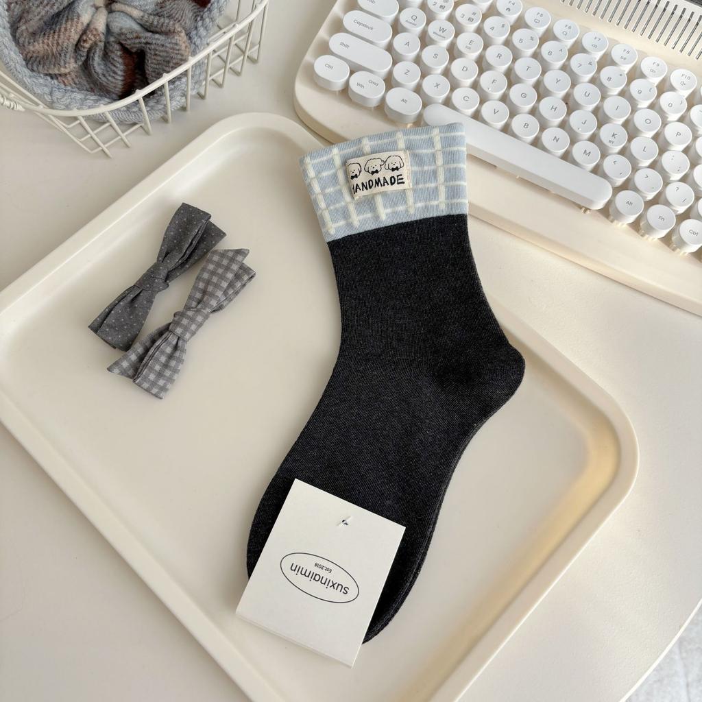 Ladies Autumn Cartoon Cute Dog Cloth Logo Striped Polka Dot Contrast Color Cotton Medium Tube Pile Socks