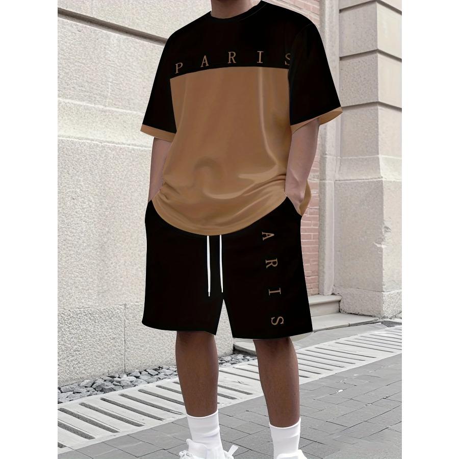 Men's Letter Print Crew Neck Short Sleeve Stylish Streetwear Men's Fashion Set Summer Casual Outdoor Vacation Two-Piece Set