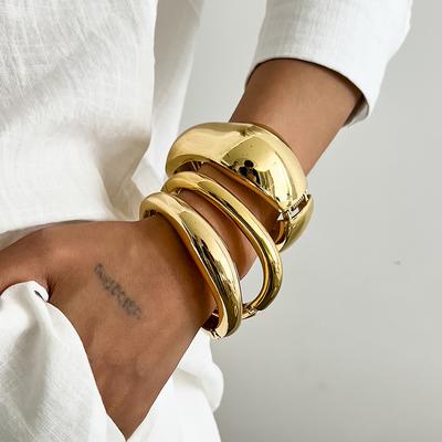 Salircon Vintage Punk Glossy Wide Cuff Bangle Women HipHop Gold Color Geometric Metal Spring Bracelet Pulseras Steampunk Jewelry