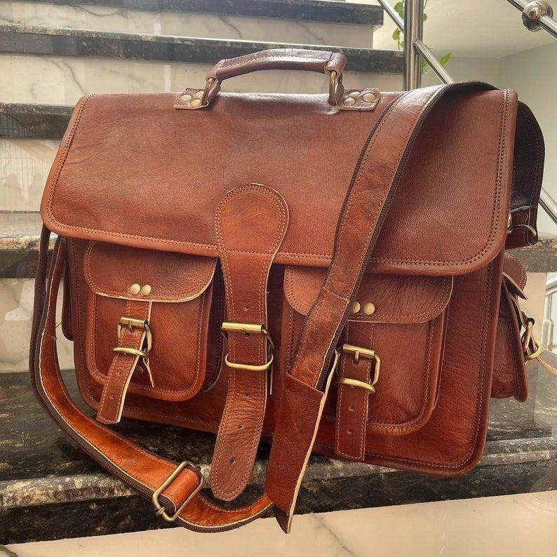 

Кожаная дорожная сумка-мессенджер для ноутбука, офисная сумка через плечо, портфель для колледжа, сатчел, компьютерная сумка, лучшая сумка для мужчин/женщин, коричневая сумка-портфель 18 x 14 x 6 in