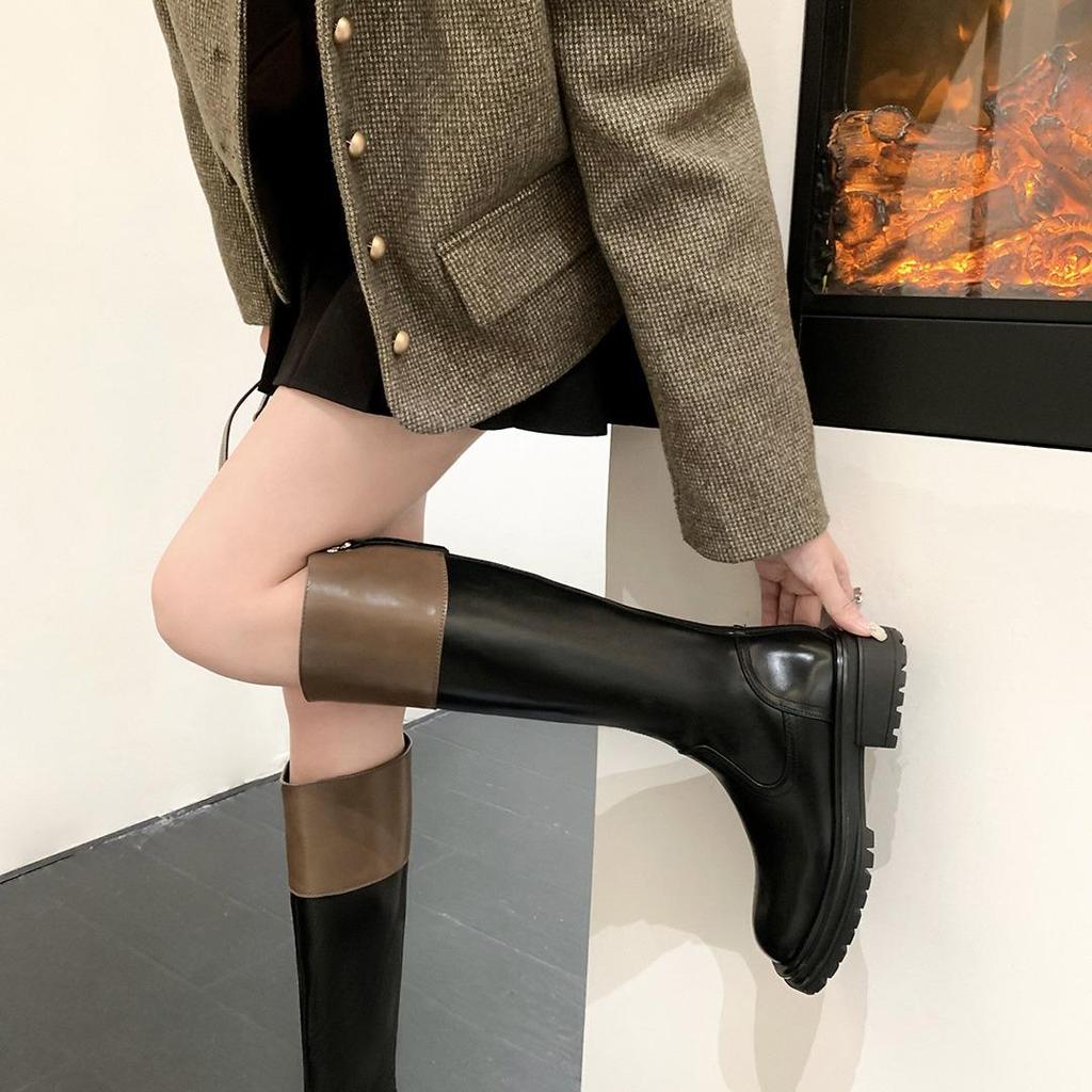 Su Yinyin Style Colorblock Round Toe Thick Sole Back Zipper Women's Riding Boots