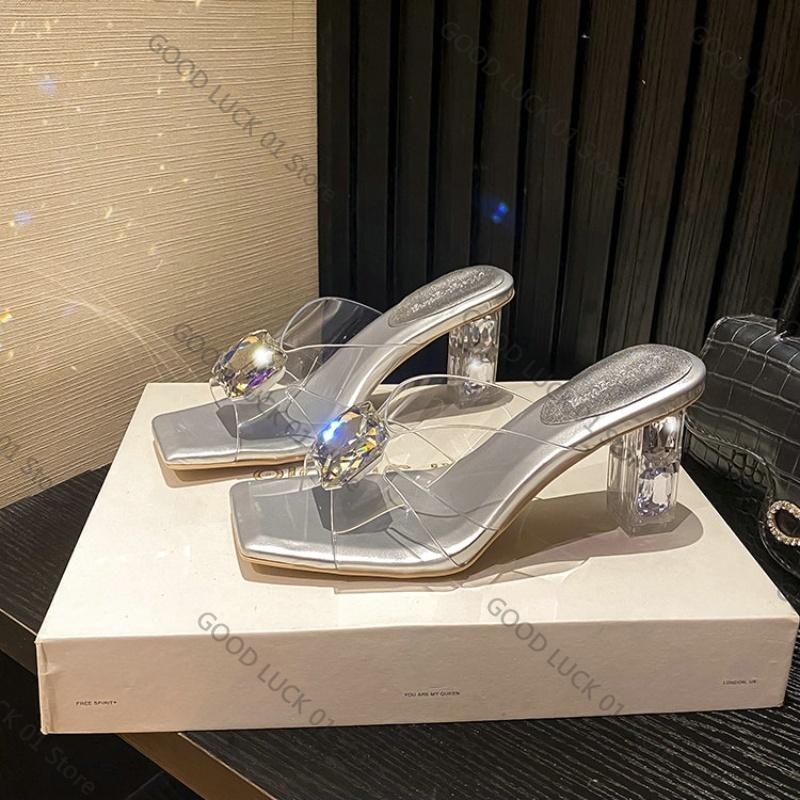 

Fashion 2025 New PVC High Heels Transparent Strap Wrapped Head Slippers Female Fashion Sexy Shallow Mouth French Sandals 34