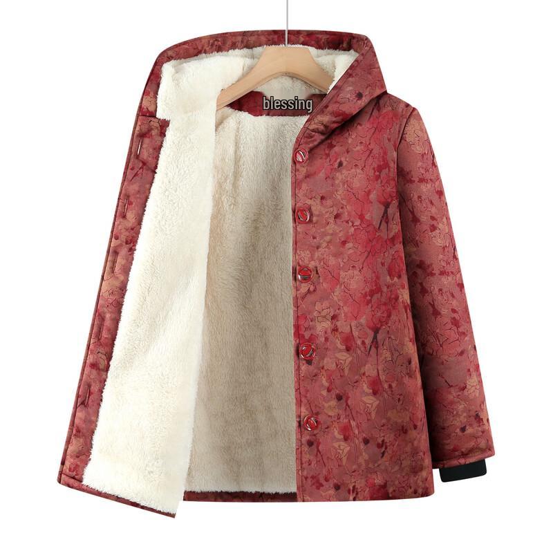 Elderly Women's Plush Lined Hooded Winter Coat