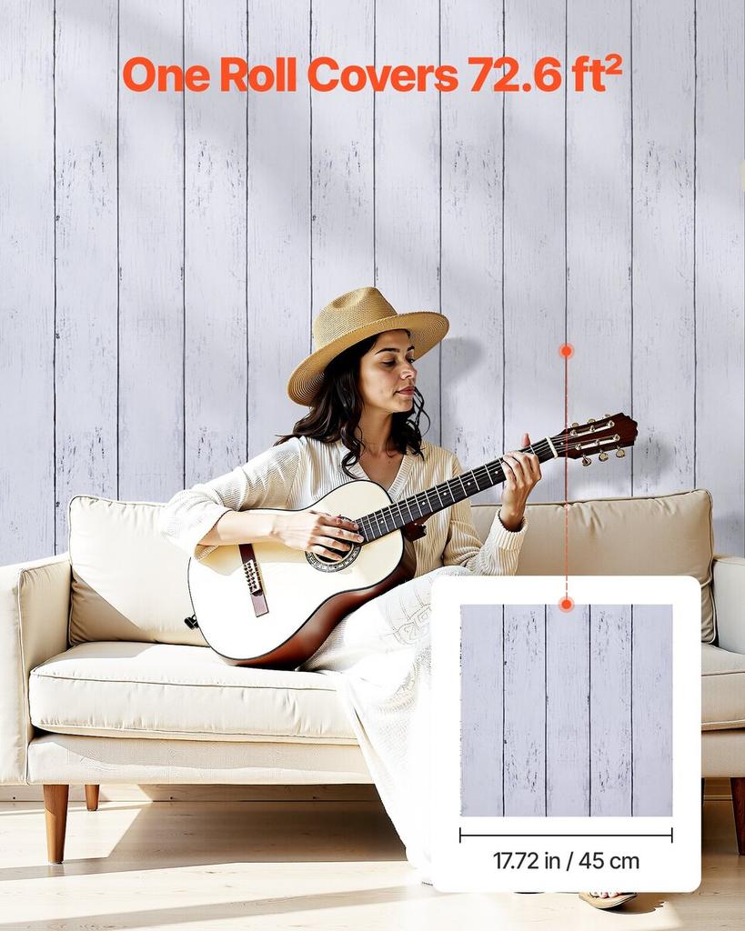 Peel and Stick Wallpaper, 45cm x 12m Contact Paper White Wood Textured Waterpoof Self Adhesive, Easy to Clean & Peel Wall Decorative Vinyl Roll for