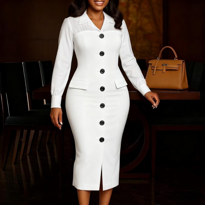 Women Elegant Business Long Sleeve Blazer Collar Patchwork Pencil Midi Dress