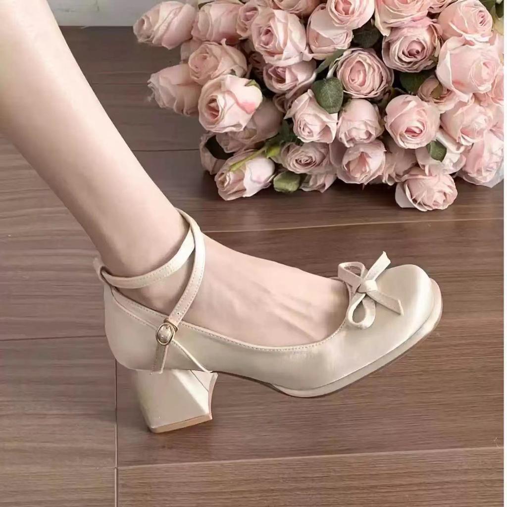 French bow thick heel leather shoes Mary Jane shoes women's 2025 new fairy style high heels heightening light mouth single shoes