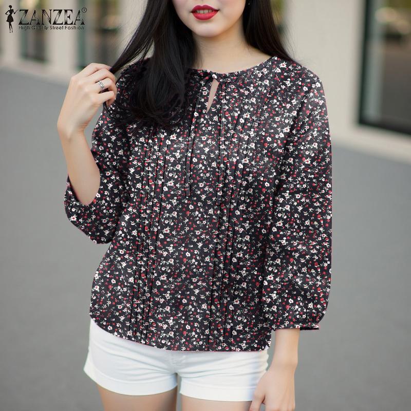 ZANZEA Women Casual Round Neck 3/4 Skeeve Loose Floral Blouse