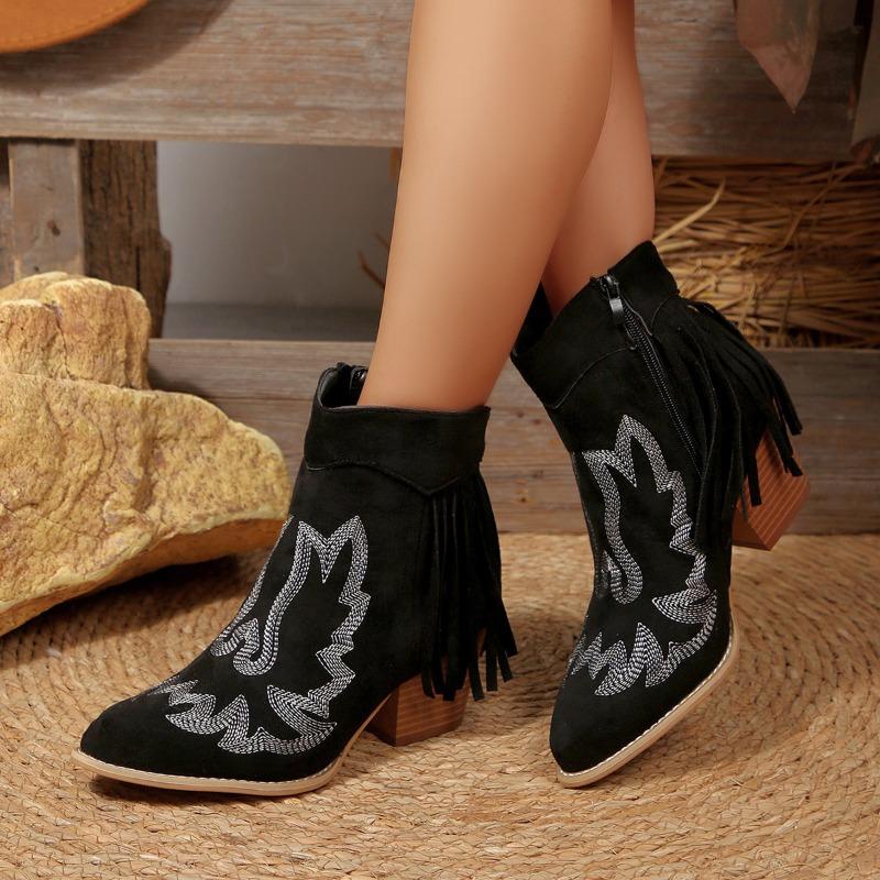 Fashion Tassel Embroidered Single Boots Fall New Pointed Toe Suede Side Zip Non-Slip Wear-Resistant Square Heel Booties