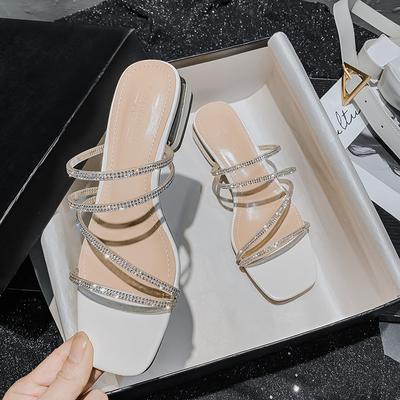 Fashion Crystal Narrow Band Sandalias Mujer Low Heel Clear Slippers Women Rhinestone Strap Flip Flops Shiny Party Shoes Big Size 43