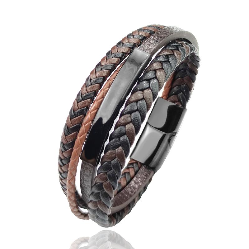 Fashion Charm Brown Men Bracelet Multilayer Leather Bracelet Punk Jewelry Stainless Steel Magnetic Clasp Bangles Boho Bracelet