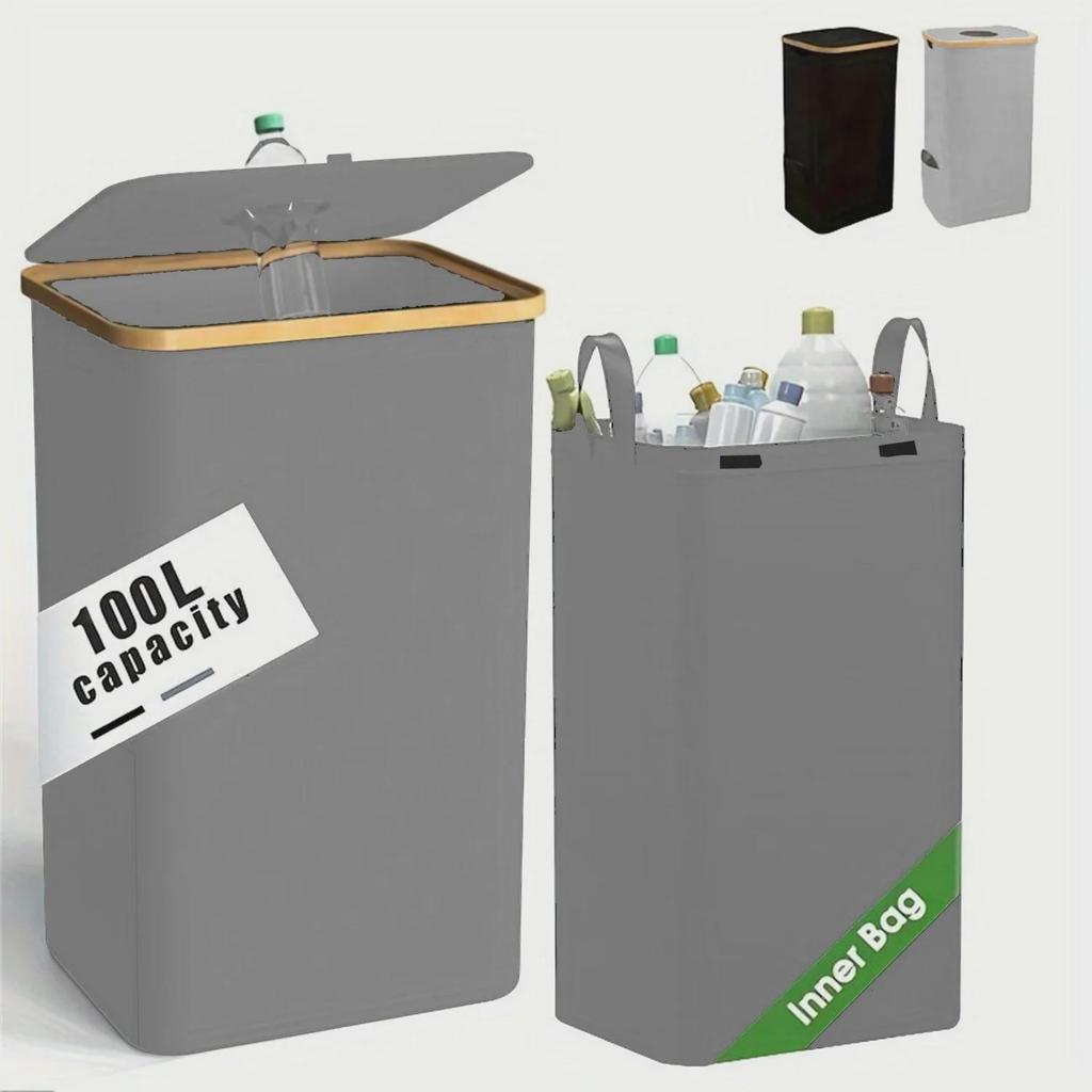 Bamboo Storage Basket with Lid: Removable Recycling Basket & Kitchen Trash Can