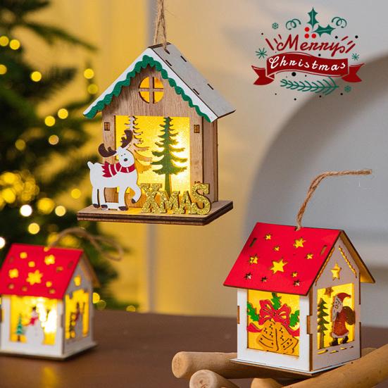 Wooden Christmas Decor with LED Light 3D Carved Hanging Wood Star/Village House/Bell/Gift Box Ornament for Xmas Tree Decor