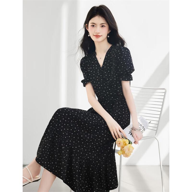 French Floral V-Neck A-Line Midi Dress M