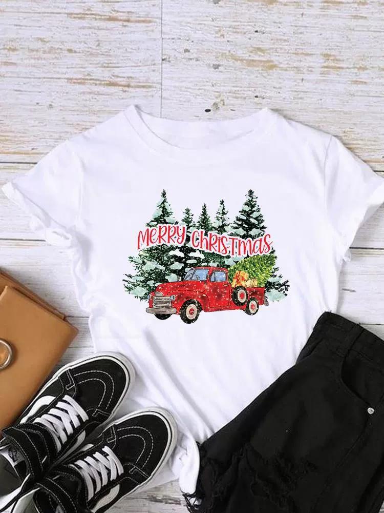 Christmas Womens Round Neck Short Sleeved Christmas Tree Reindeer Print Womens Loose Oversized Comfortable White Tshirt