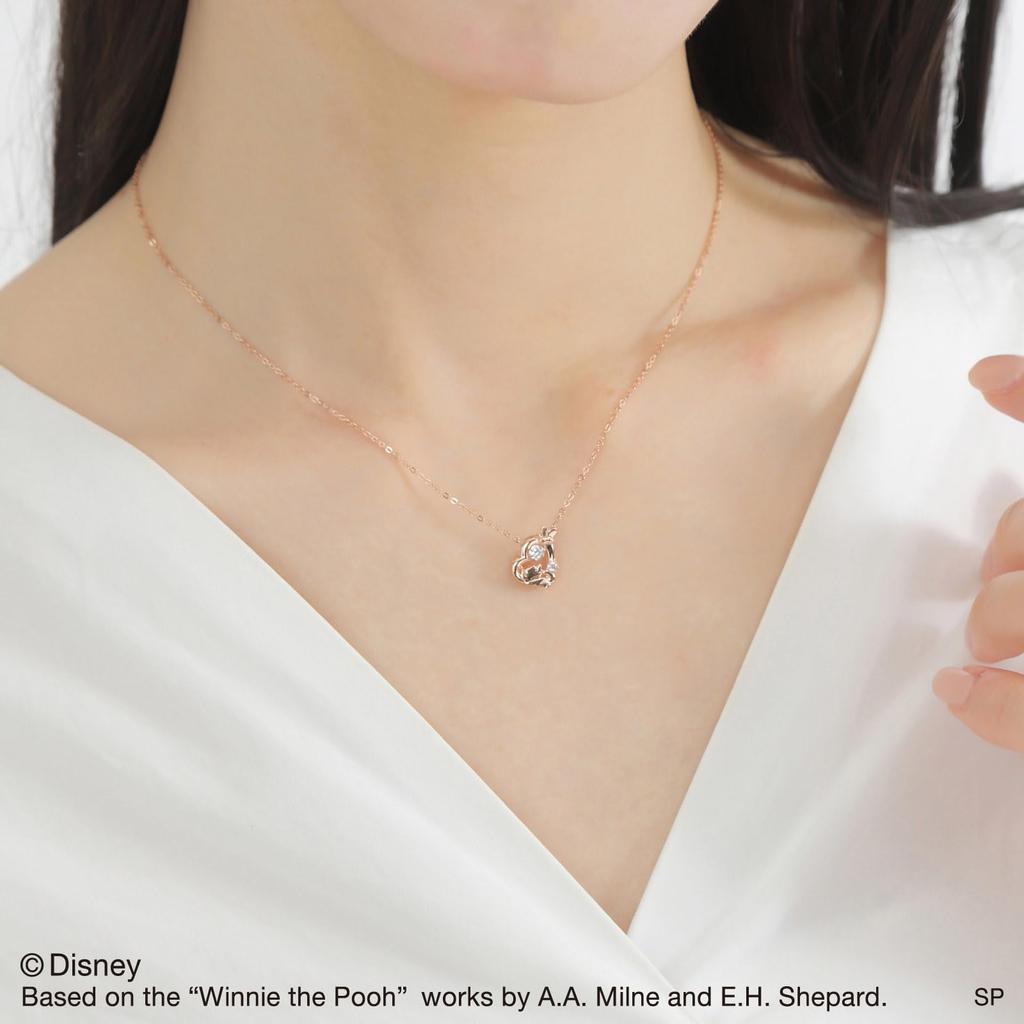 White Clover Winnie the Pooh Dancing Stone Sterling Cubic Pink Necklace, Disney, Silver, Zirconia, Heart, Gold, DISS011PG, Women's