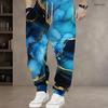 Men S Plus Size Blue Gold Printed Drawstring Waist Side Pockets Cuffed Ankle Jogger Pants