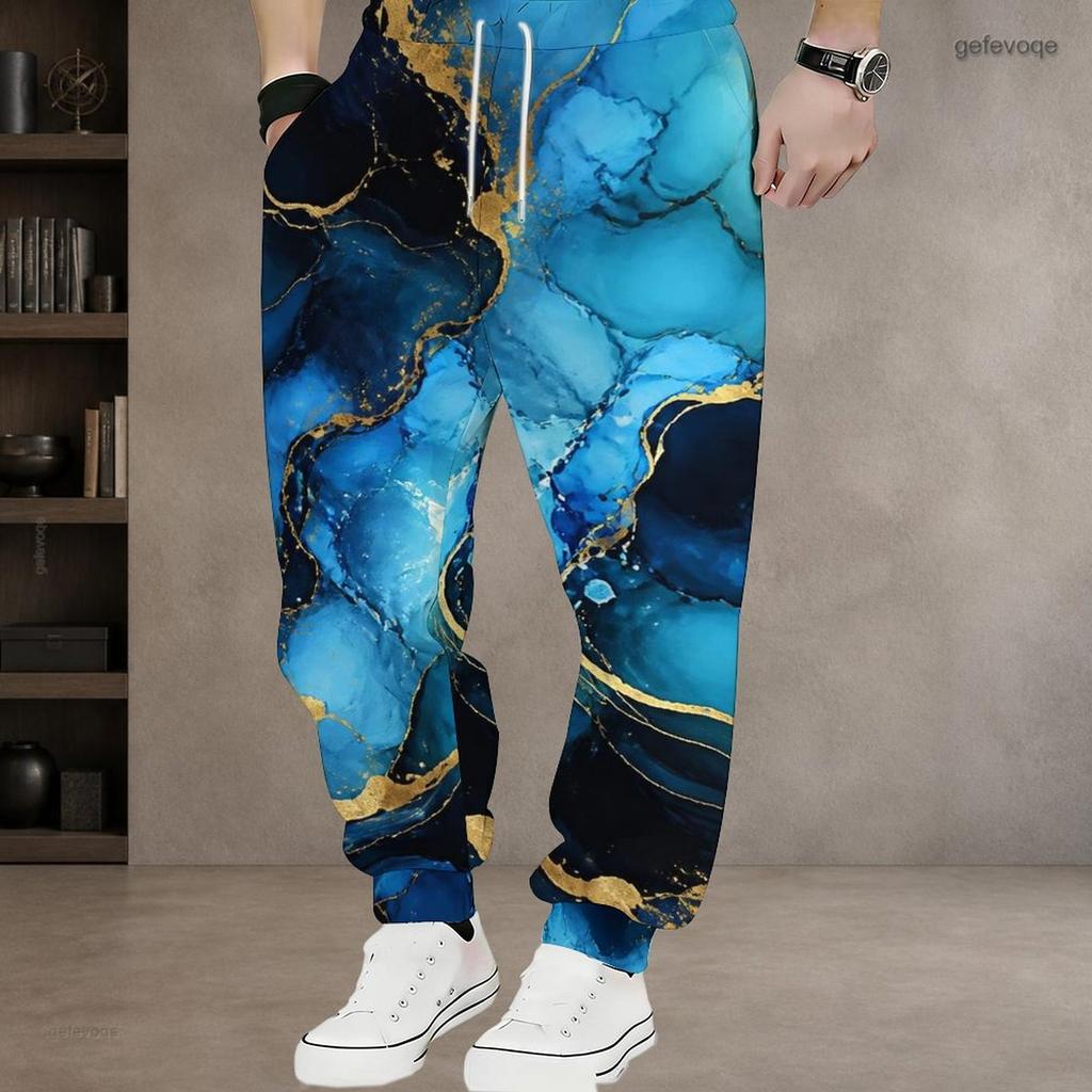 Men S Plus Size Blue Gold Printed Drawstring Waist Side Pockets Cuffed Ankle Jogger Pants