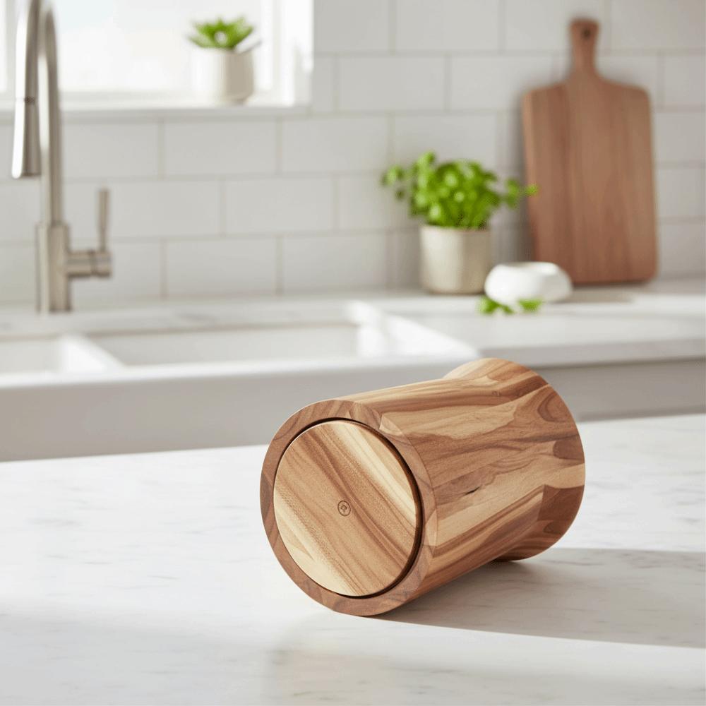 Wooden 360-Degree Rotating Utensil Holder Trapezoidal Smooth Surface Cutlery Storage Box Farmhouse Style Dinnerware Rack