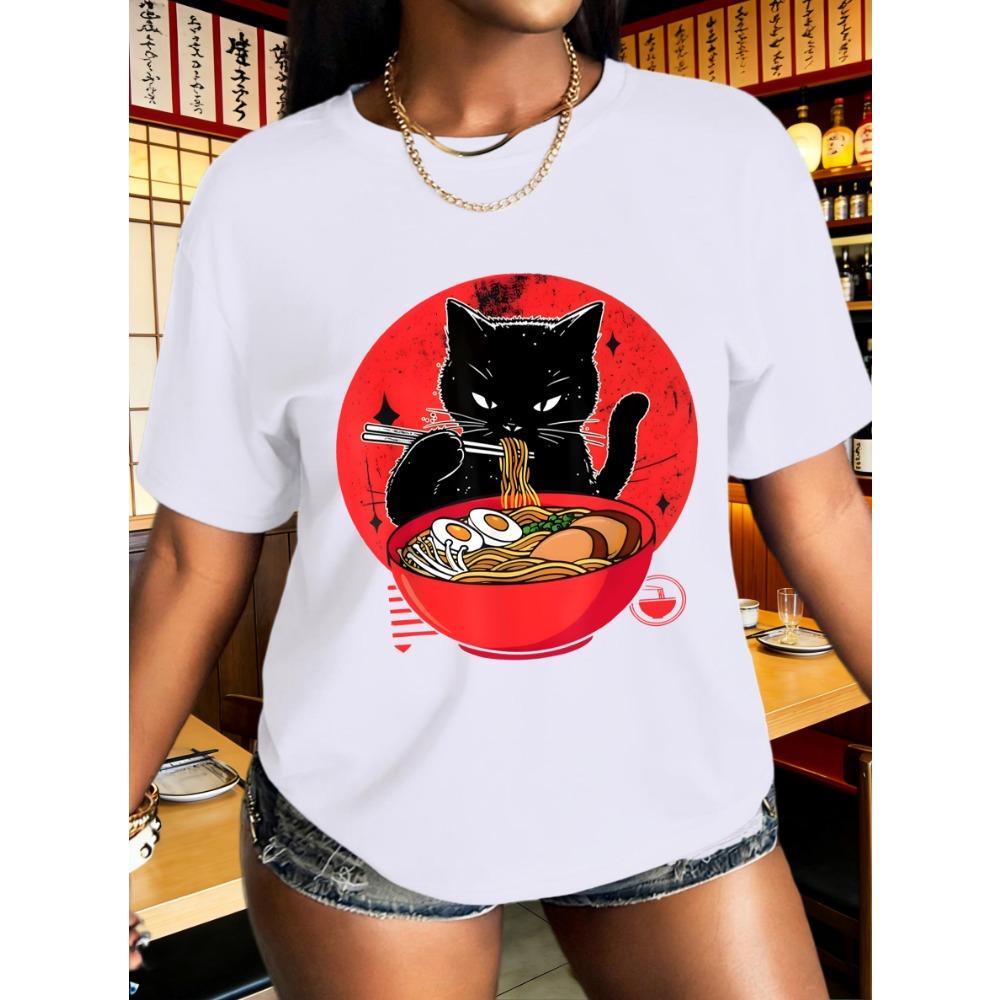 Geniet Van De Kat Van Lamian Noodles Print T-Shirt Dames Zomer Ademend Korte Mouw Hip Hop Kleding Ronde Hals T-Shirt