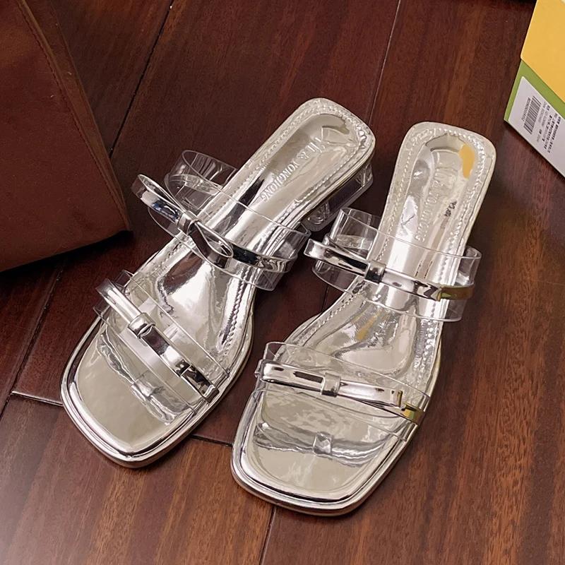 

Fashion Beige Transparent Square Heeled Sandals Women Party Banquet Bowknot High Heel Shoes Woman Summer Pvc Square Toe Sandalias Mujer 35 серебряный