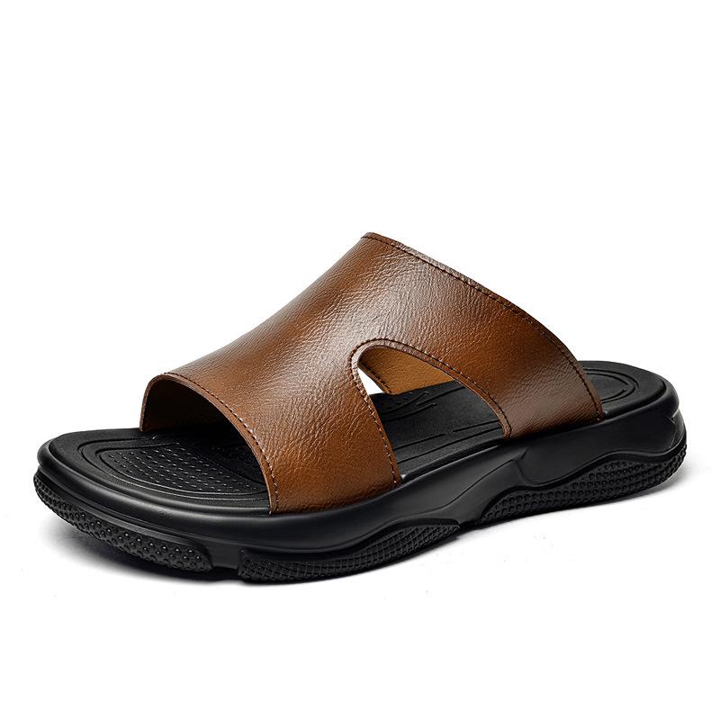 Men’s Large Cowhide Leather Summer Outdoor Flip-Flops Sandals 39 коричневый