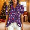 Women's Casual Blouse with V-Neck, Short Sleeve, Christmas Print, Ruffle Trim and Button Front