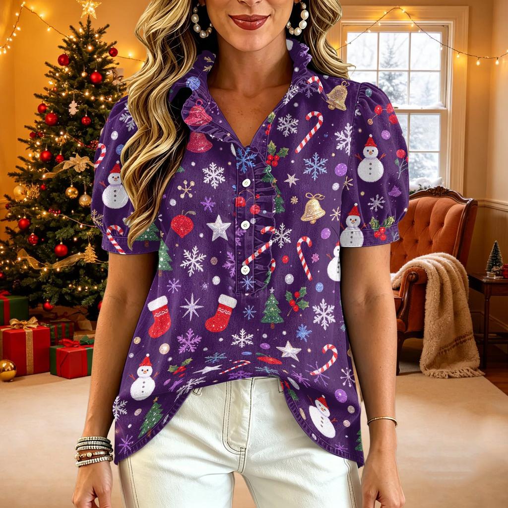Women's Casual Blouse with V-Neck, Short Sleeve, Christmas Print, Ruffle Trim and Button Front