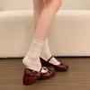 French Lace Bow Mary Jane Small Leather Shoes Women's New Summer Round Toe Block Heel One Buckle Single Shoes