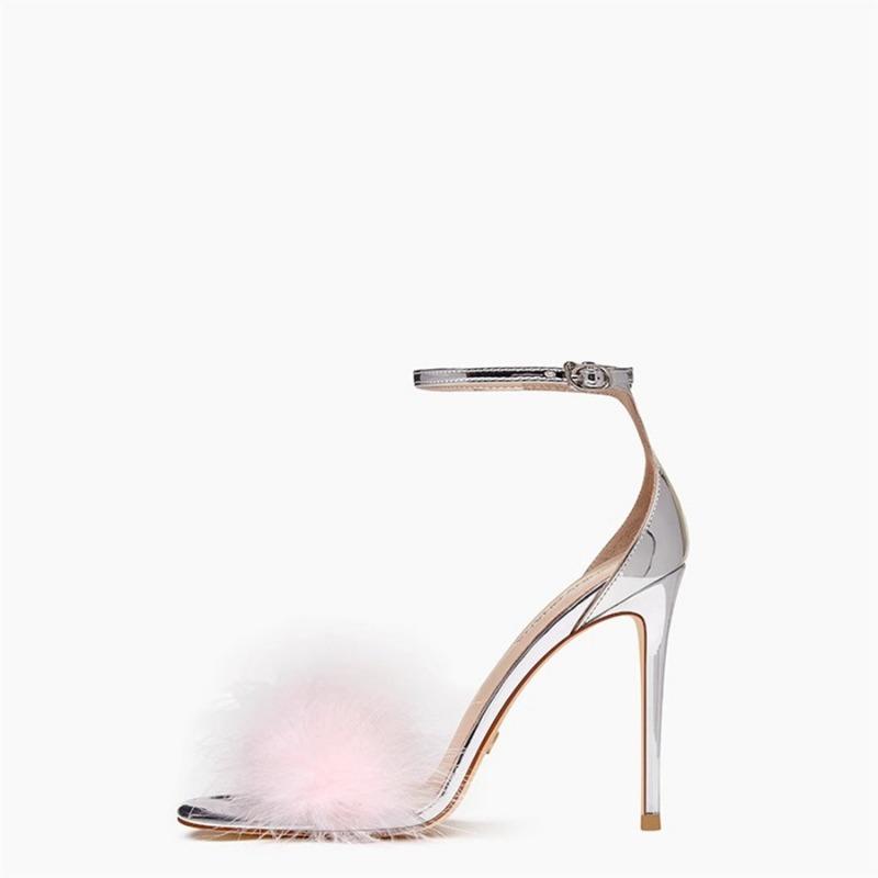 

Summer new sexy feather high heels large size one word with stiletto sandals women 43 серебряный
