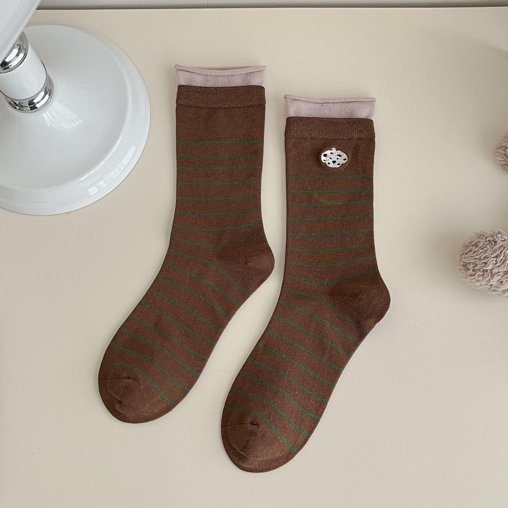 Contrasting Socks, Socks, Korean Maillard, Curled Hemming, Double Luo Mouth, Cartoon Embroidery, Boneless Cotton Piled Socks