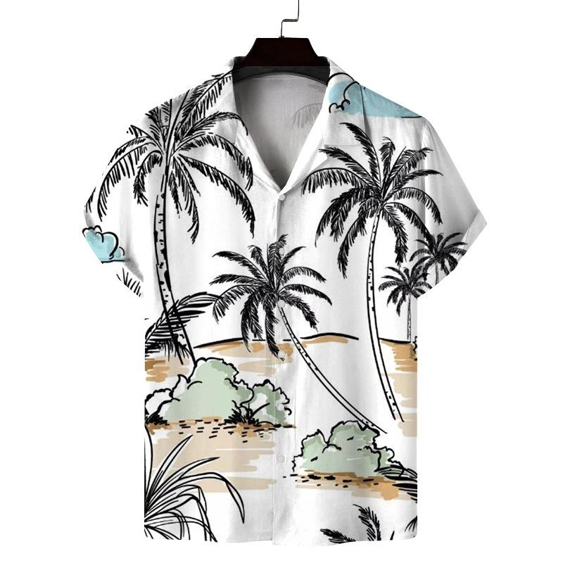 2025 Summer Men's Casual Coconut Tree Print Short Sleeve Polo Cardigan European And American Hawaiian Floral Shirt For Men